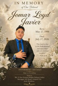 Jomar Loyd Javier Obituary, Death - Family Mourns Beloved Son After Tragic Motor Accident